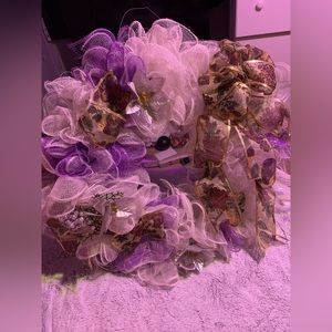Purple and white wreath with ribbon
